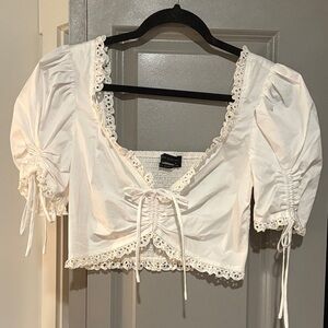 Smocked Back White Eyelet Tie-Front Puff Sleeve Top